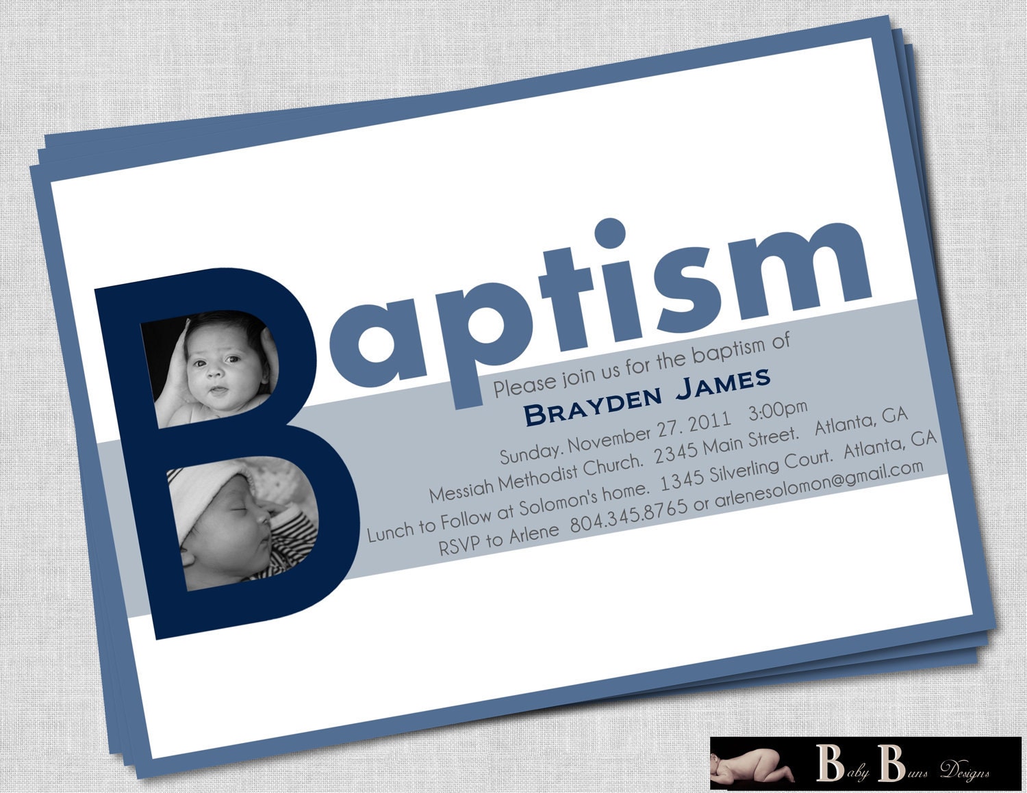 Blue & Gray Baby Boy Baptism Invite- Printable