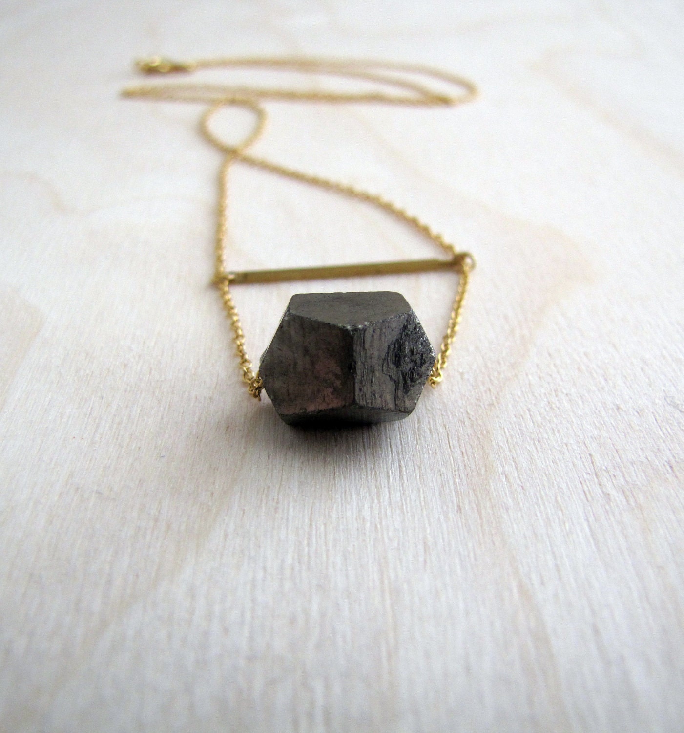 Earth Mineral Necklace, Geometric Faceted Pyrite Nugget