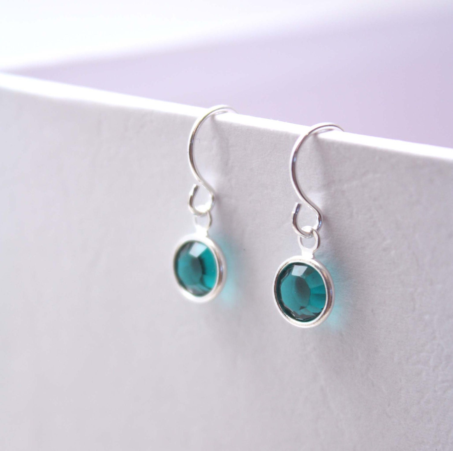 emerald swarovski crystal earrings - green emerald crystal - channel set - tiny drop dangle - everyday earrings - bezel crystal