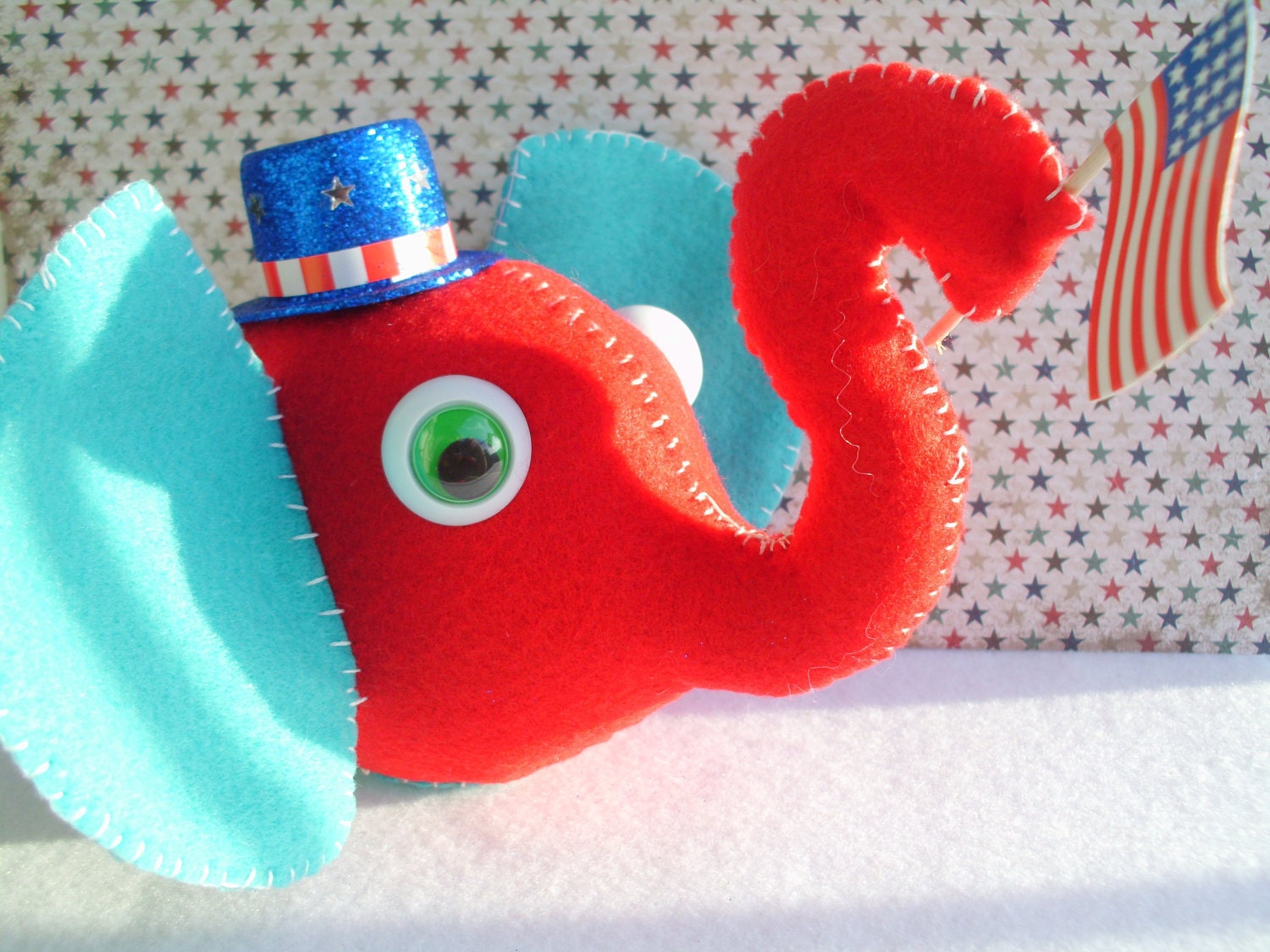 Plush Patriotic Elephant Red White and Blue Stuffed Animal Zoo Jungle Republican Independence Day Flag Ooak
