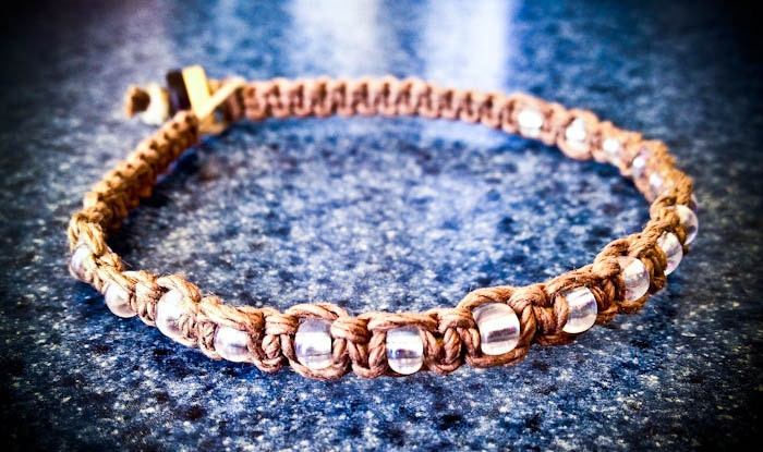 Dark Brown Natural Square-Knot Hemp Bracelet w/ Crystal Silver-Lined Beads