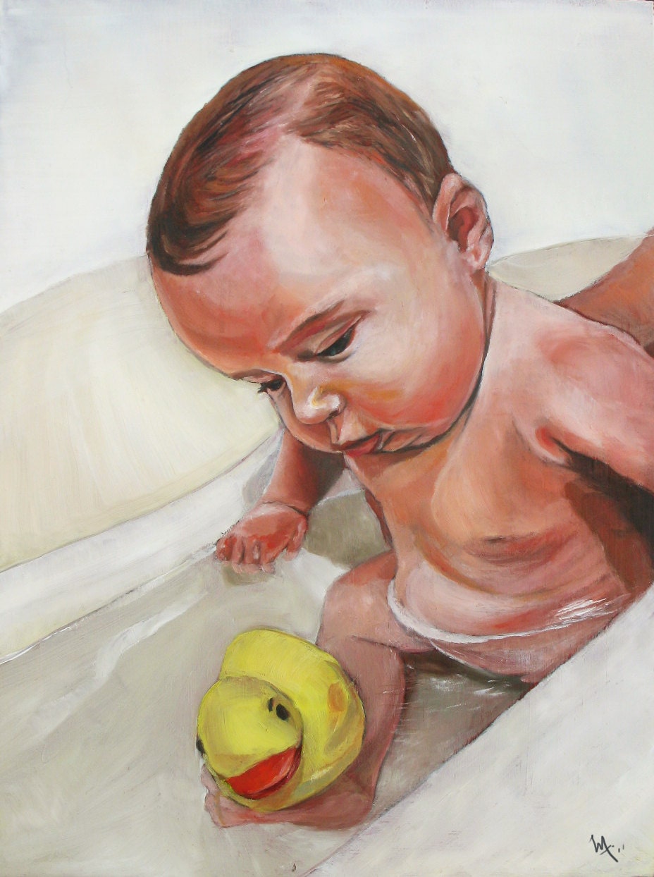 Custom Portrait Oil Painting - Baby Boy Bath time -9x12