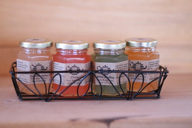 ORGANIC Pure Raw Honey Tea, Gift set of 4 with wire gift basket. Choose your favorite flavors. 5 oz.