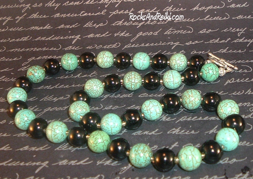 My Creative And Spiritual Connection Necklace - Reiki Infused Turquoise Blue Howlite and Onyx - 3912