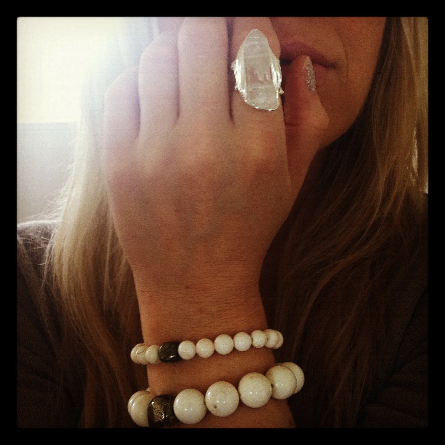 Quartz crystal point ring with double silver plated bands