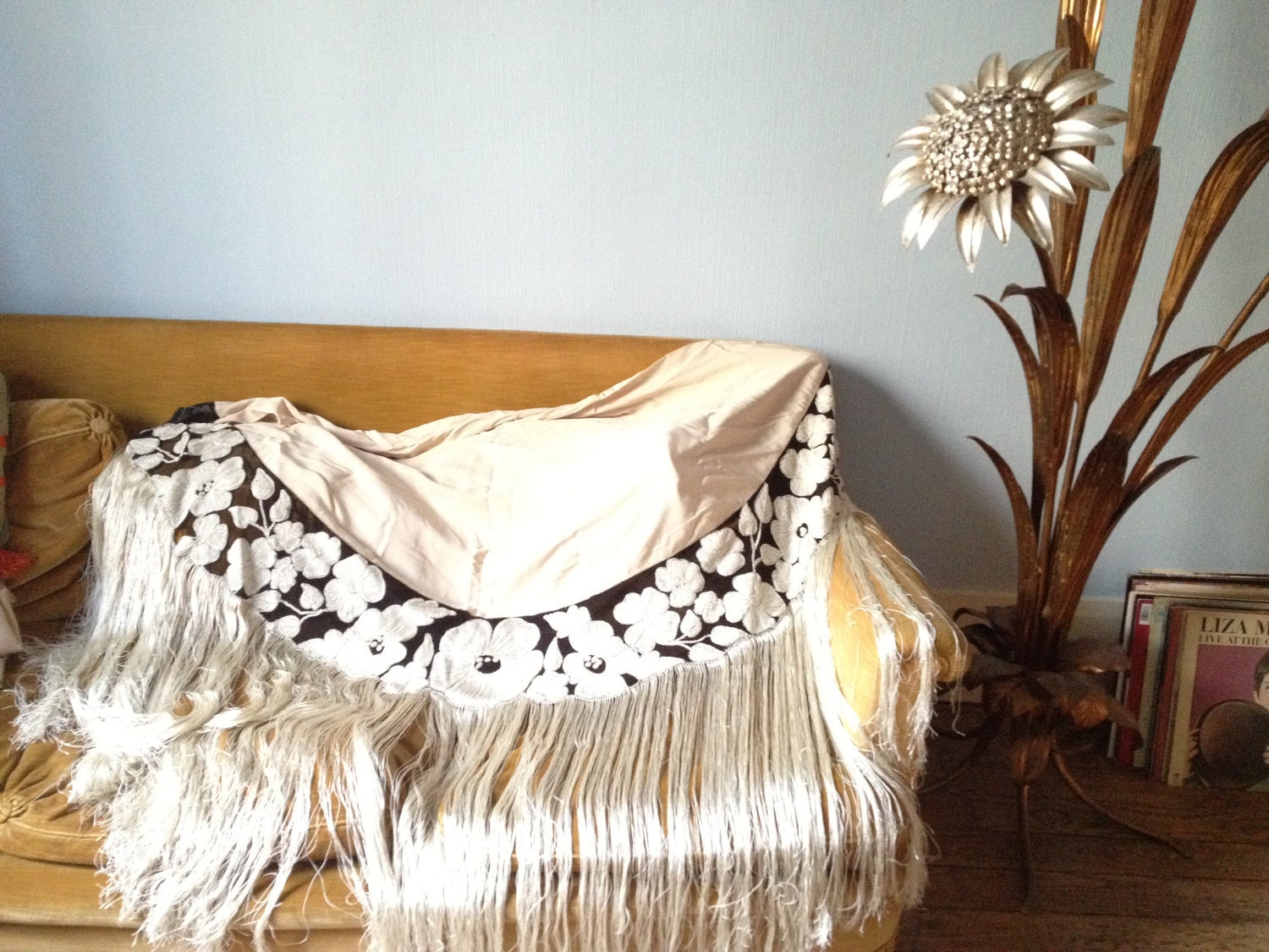 SALE-lovely vintage white off and black embroidered silk shawl