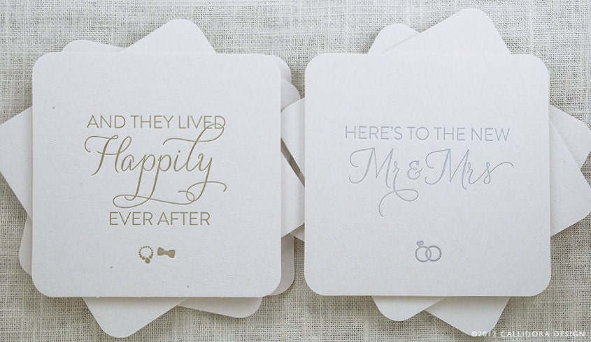 Set of 20: Wedding Coasters, letterpress printed in metallic gold and silver