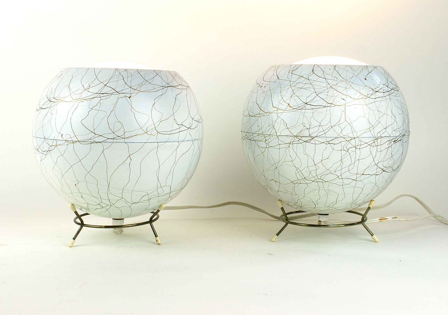 Pair of Vintage Eyeball Lamps with Original Metal Bases, White and Gold Mid-Century Orb Lights - independencevintage