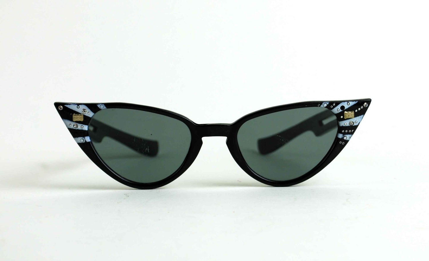 Cat Eye Rhinestone Sunglasses. Black Plastic Frame with White Stripe Detail. Classic Vintage Eyewear for Women