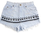 Tribal Aztec Shorts Hand Painted Vintage Distressed High Waisted Denim Upcycled Hippie Boho Hipster Coachella W27 Small Medium