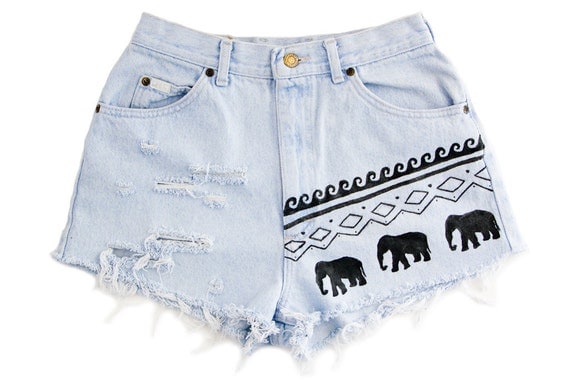 Tribal/Aztec Elephant and Waves Shorts, Hand Painted, Vintage Distressed High Waisted Denim, Upcycled W28