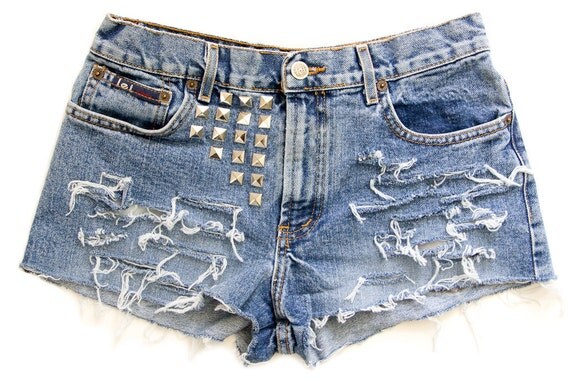 Studded Shorts, Vintage Distressed High Waisted Denim W2
