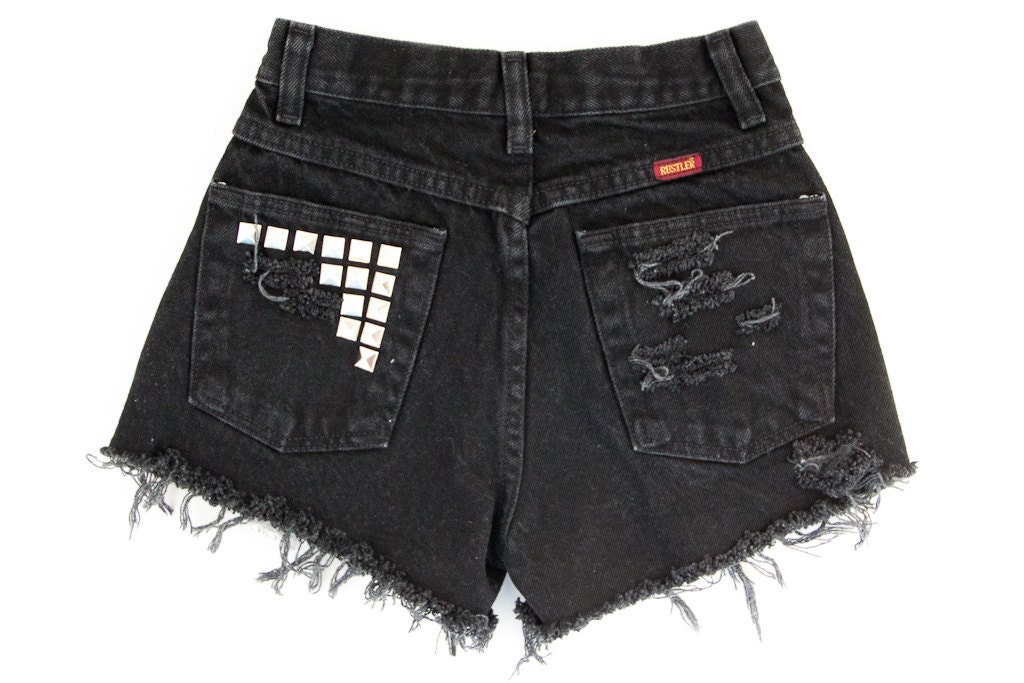 Studded Shorts, Vintage Distressed High Waisted Denim, Upcycled W24