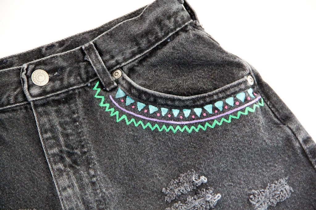 Tribal/Aztec Shorts, Hand Painted, Vintage Distressed High Waisted Denim, Upcycled W27