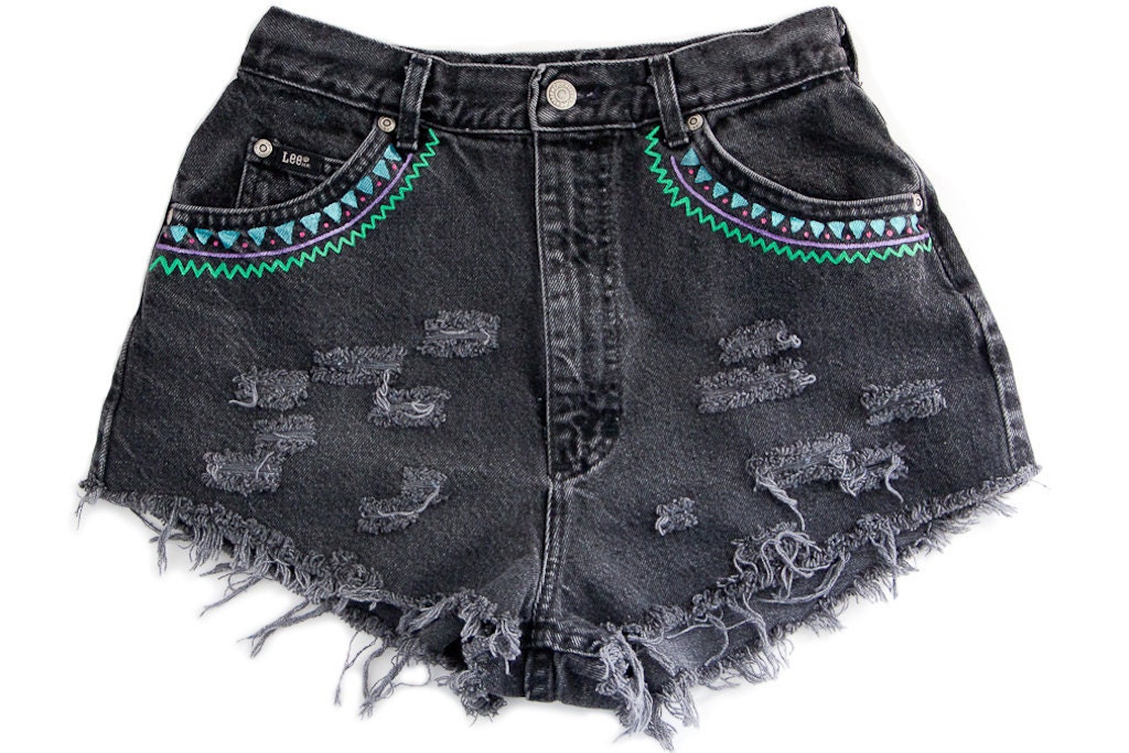 Tribal/Aztec Shorts, Hand Painted, Vintage Distressed High Waisted Denim, Upcycled W27