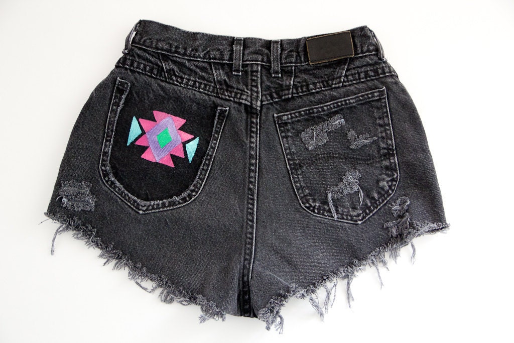 Tribal/Aztec Shorts, Hand Painted, Vintage Distressed High Waisted Denim, Upcycled W27