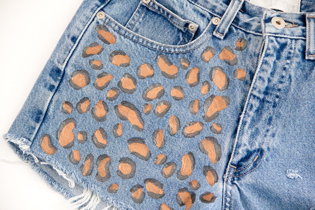 Cheetah Leopard Print Shorts Hand Painted Vintage Distressed High Waisted Denim Upcycled Hippie Boho Hipster Coachella W30