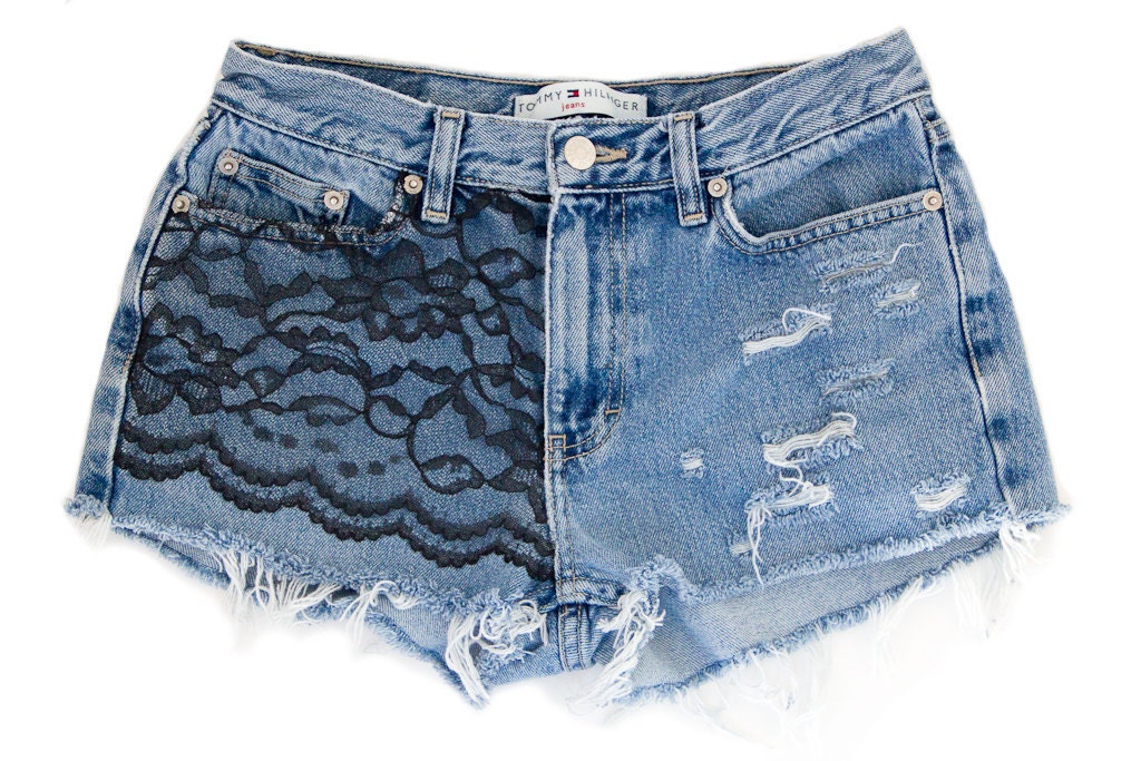 Black Lace Shorts, Handmade, Vintage Distressed High Waisted Denim, Upcycled W