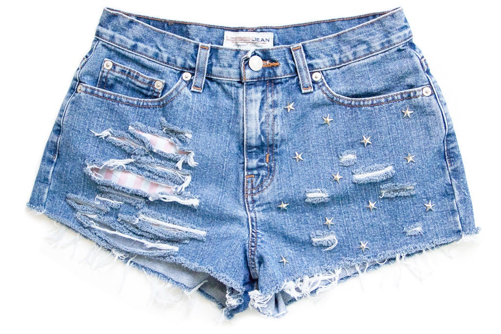 Studded Shorts, Vintage Distressed High Waisted Denim W29