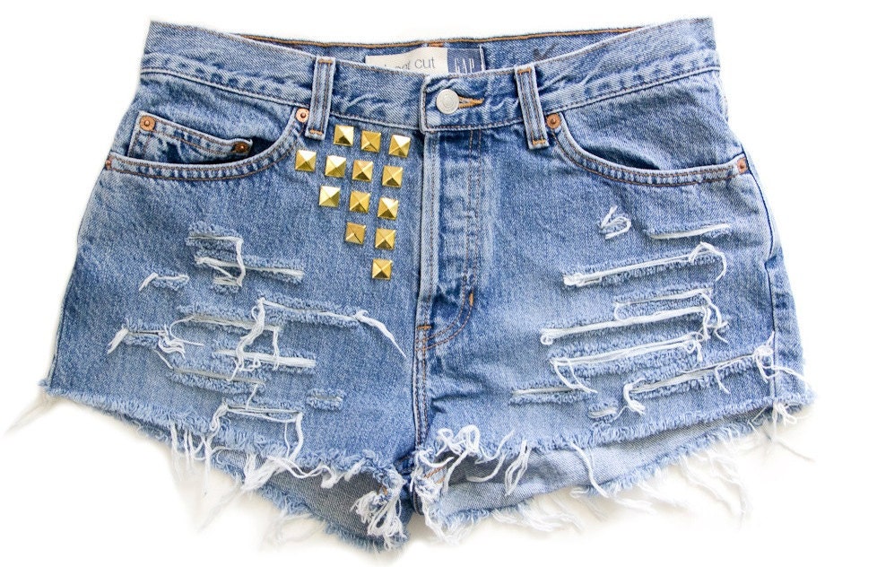 Studded Shorts, Vintage Distressed High Waisted Denim W31