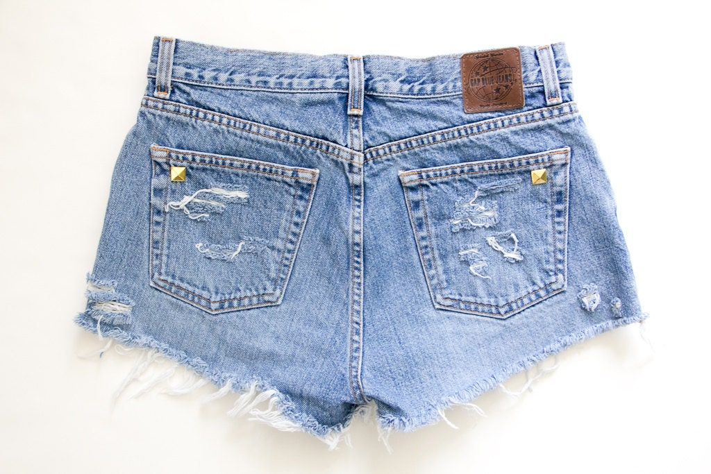 Studded Shorts, Vintage Distressed High Waisted Denim W31