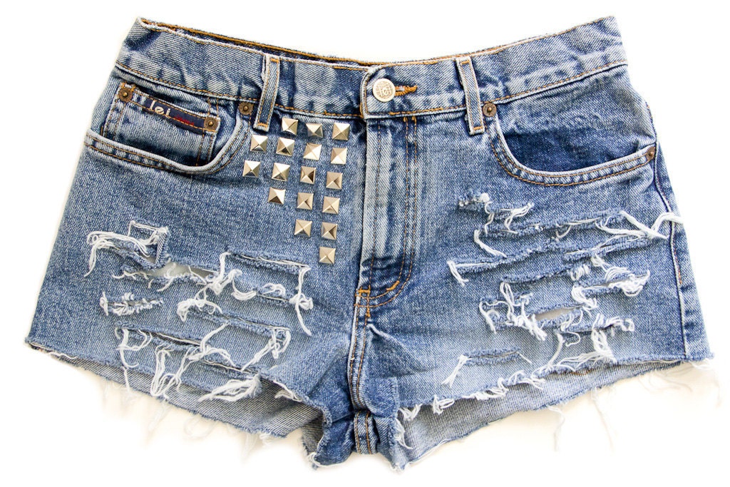 Studded Shorts, Vintage Distressed High Waisted Denim W2