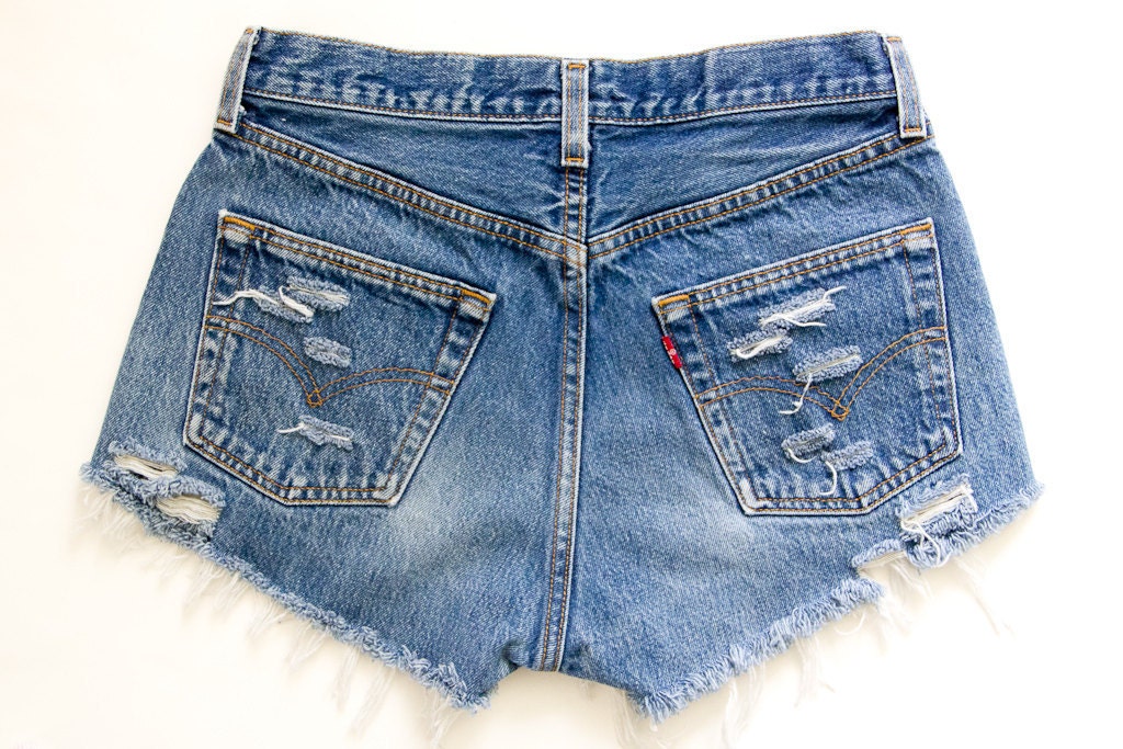 Studded Shorts, Vintage Distressed High Waisted Denim W30