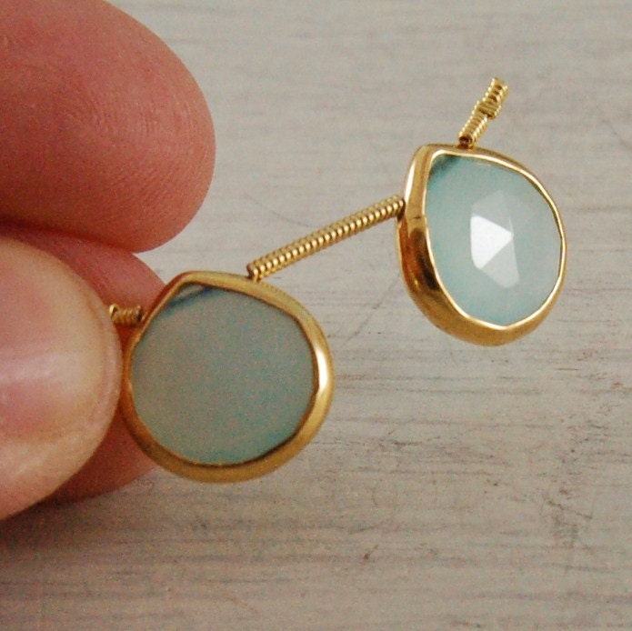 Bezel Set Aqua Blue Chalcedony Gold Vermeil matched pair brios