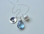 Initial & gemstone charm necklace,STERLING SILVER, mystic blue Quartz, white pearl, bridesmaid jewelry, personalized gift, bridal favor