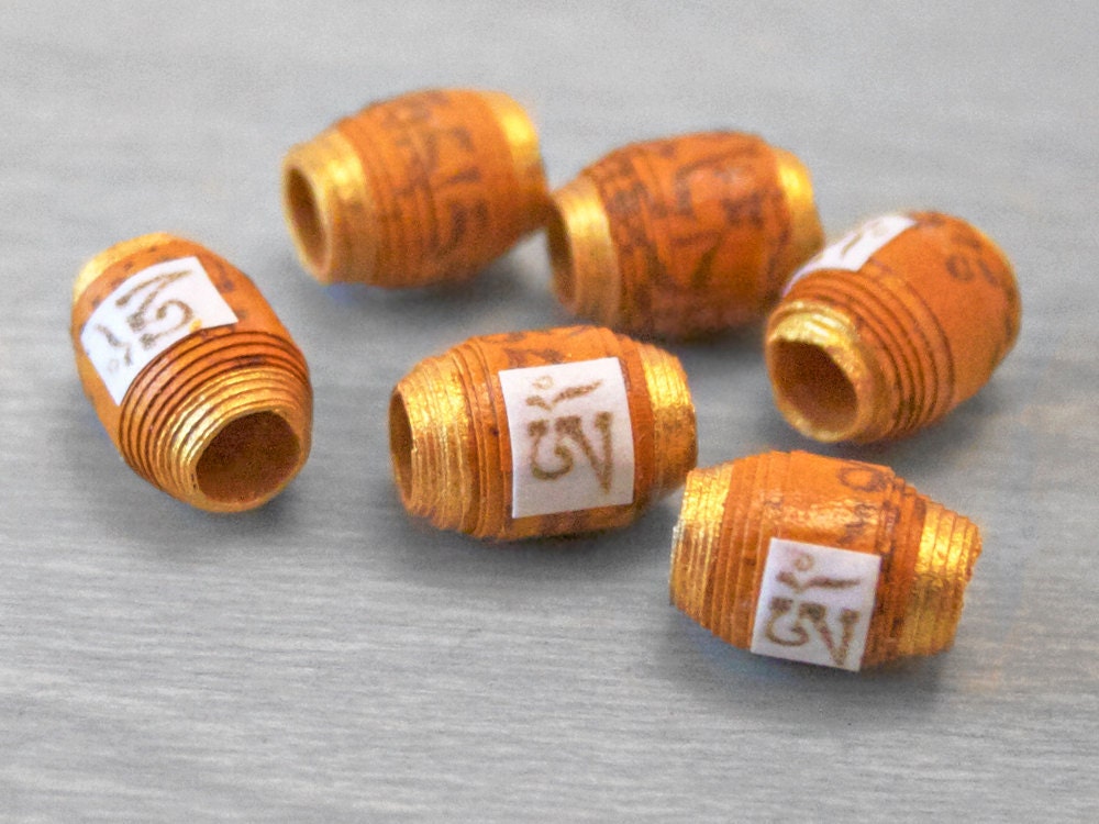 Mantra Mala Beads - Buddhist Prayer Scroll Handmade Paper Beads - Om Mani Padme Hum - Pumpkin Burnt Orange - 6 pcs