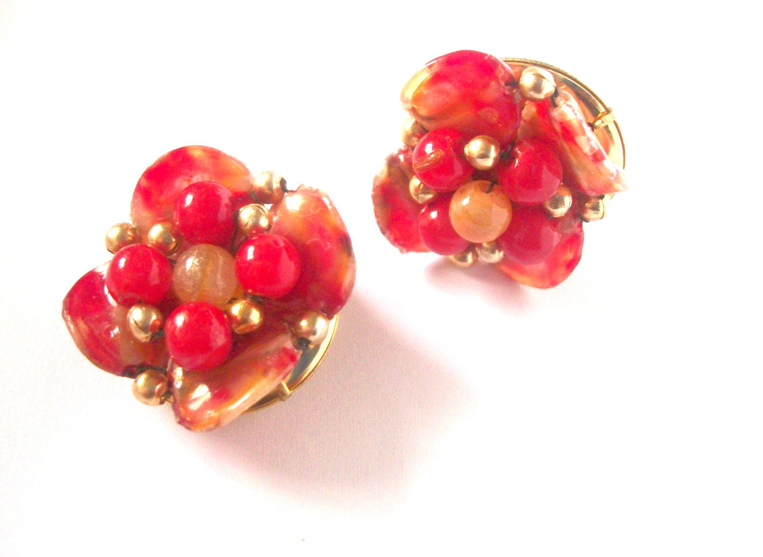 Vintage Red and Gold Cluster Bead Earrings - Clip on signed Hong Kong, tagt team christmas stockign stuffer