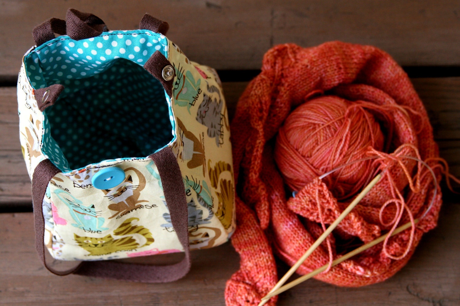 Knitting Project Bag / Crochet Project Bag / Lantern Bag/ Lunch Bag - Small - FancyCats