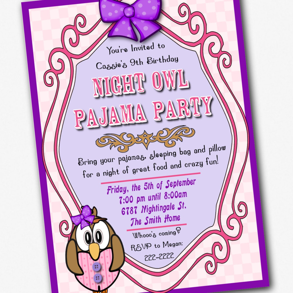 Owl Pajama Party Invitation Custom Printable File