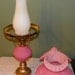 Vintage Fenton STUDENT LAMP Poppy Pink Satin Glass Desk Table Light  brass marble