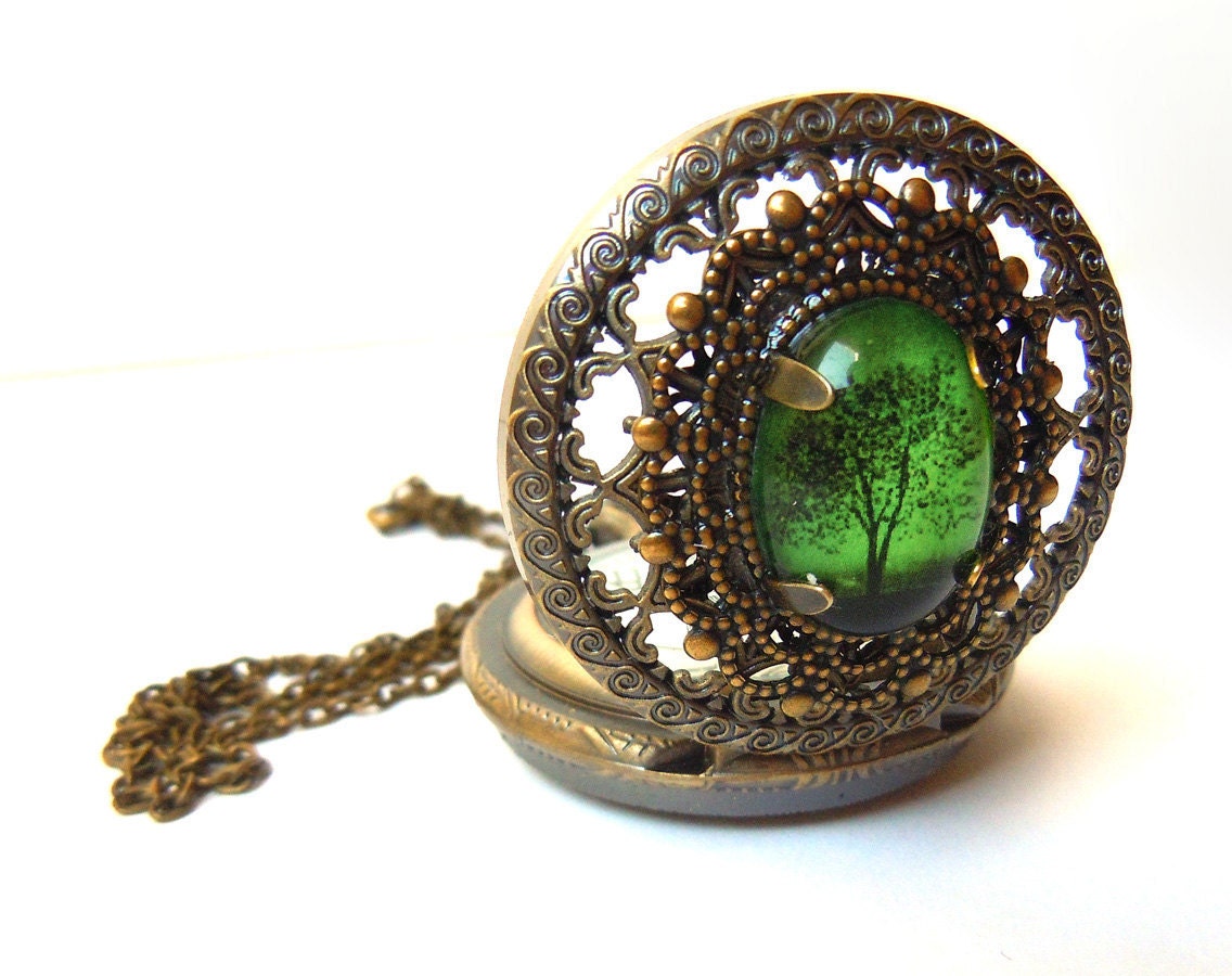 Victoria and a Emerald Bewitched Ending: Pocket watch Locket style necklace--Mother's Day Gift