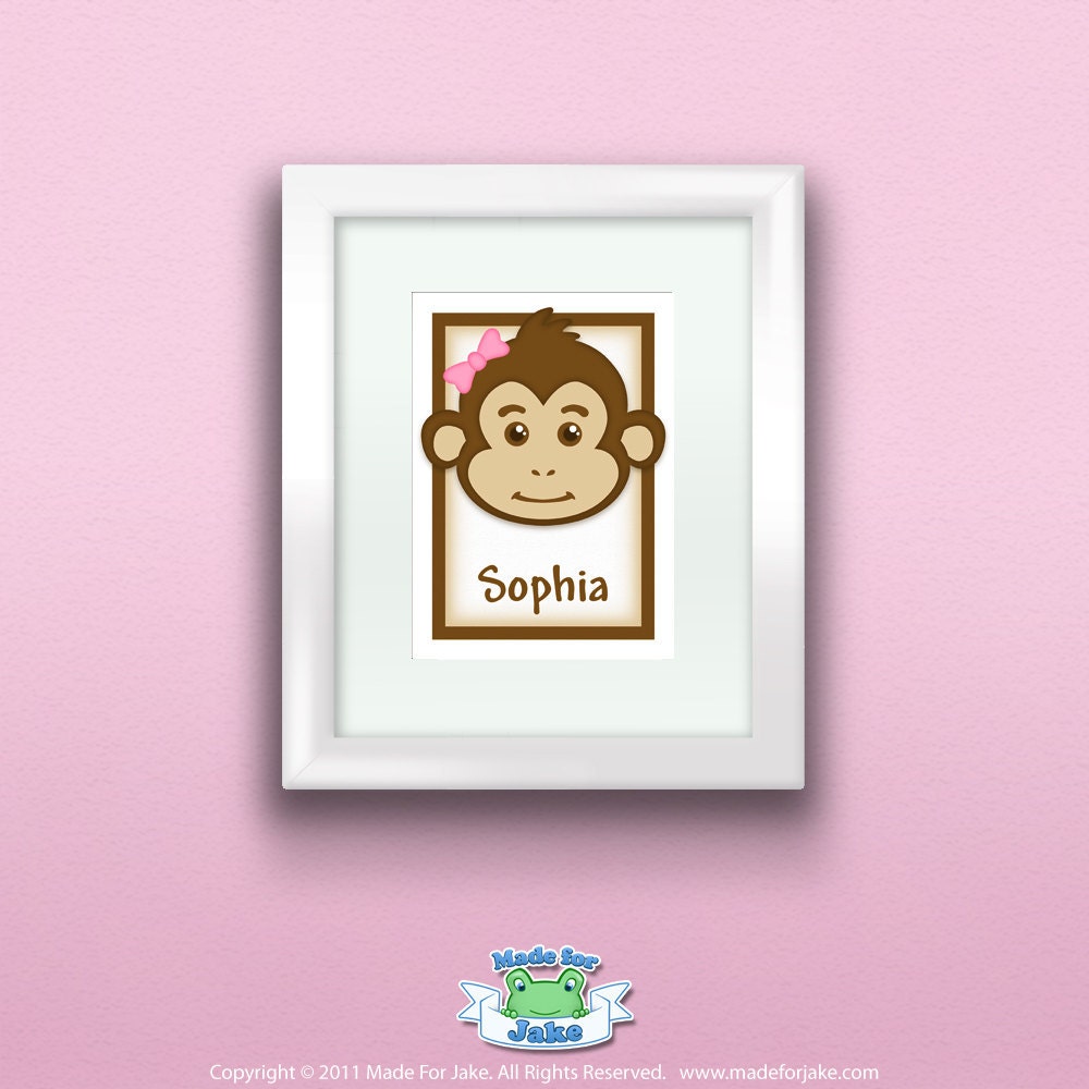 Personalized Baby Girl Monkey Print, Customize with Name, Wall Art Print for Nursery or Kids Room, 5x7