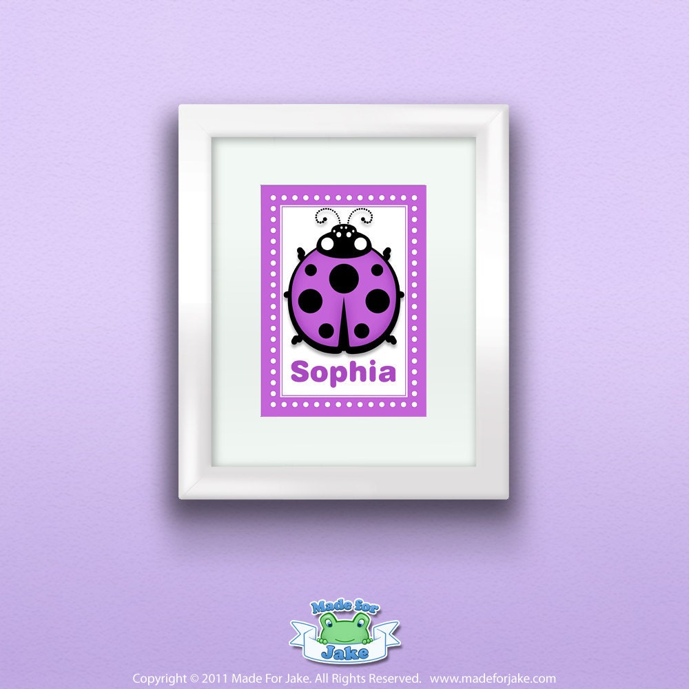 Personalized Purple Ladybug, Customize with Name, Wall Art Print for Nursery or Kids Room, 5x7