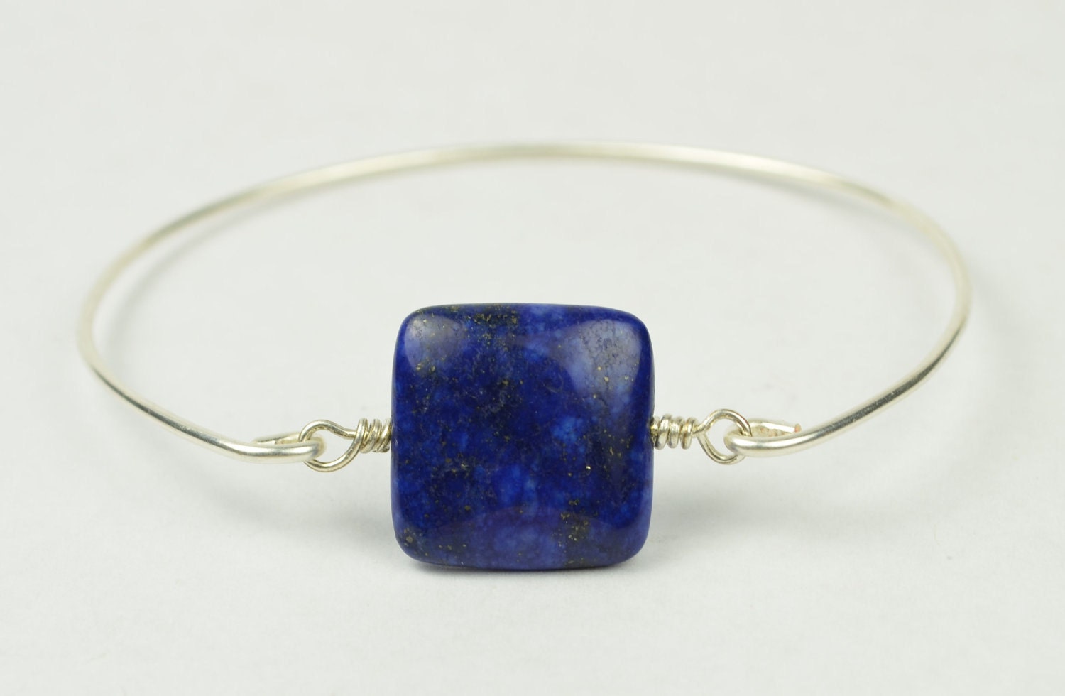 Lapis Lazuli Bangle Bracelet- Square Lapis Lazuli Gemstone Bead and Sterling Silver Filled Wire- Custom Made to Size