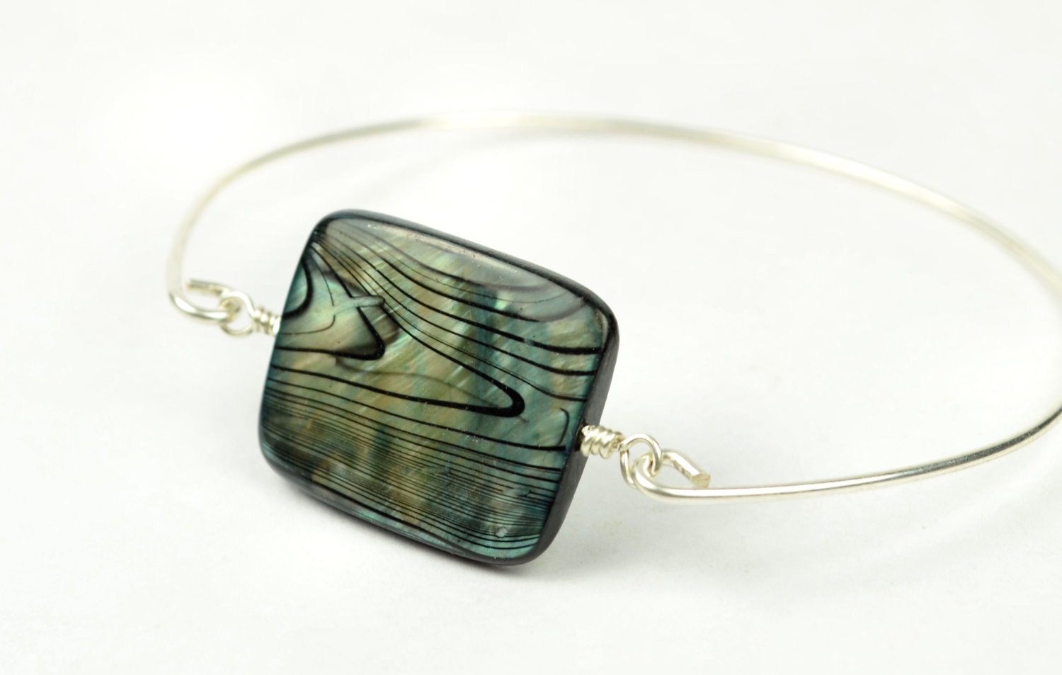 Silver Bangle Bracelet- Striped Grey Mother of Pearl Shell Rectangle Bead and Sterling Silver Filled Wire- Custom Made to Size