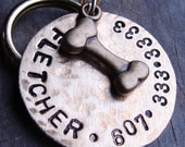 Dog Tag, Dog Tags, Dog ID Tag, Pet Tags, Stamped Brass Pet Tag with Bone Charm