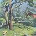 Vintage paint by number, boy fishing, river, trees, covered bridge, Tom Sawyer, childrens decor