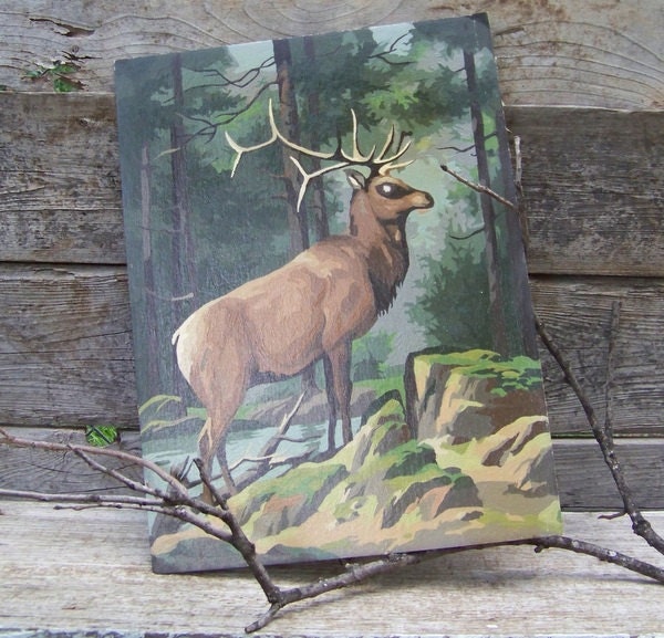 Vintage paint by number elk or deer, stag, antlers, forest, river, rustic, cabin decor, man cave art, gift for guy, hunting, vintage