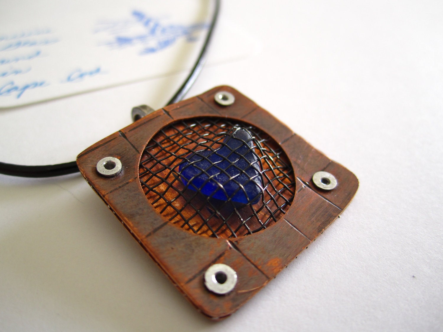 Copper, Sea Glass and Rivet Necklace