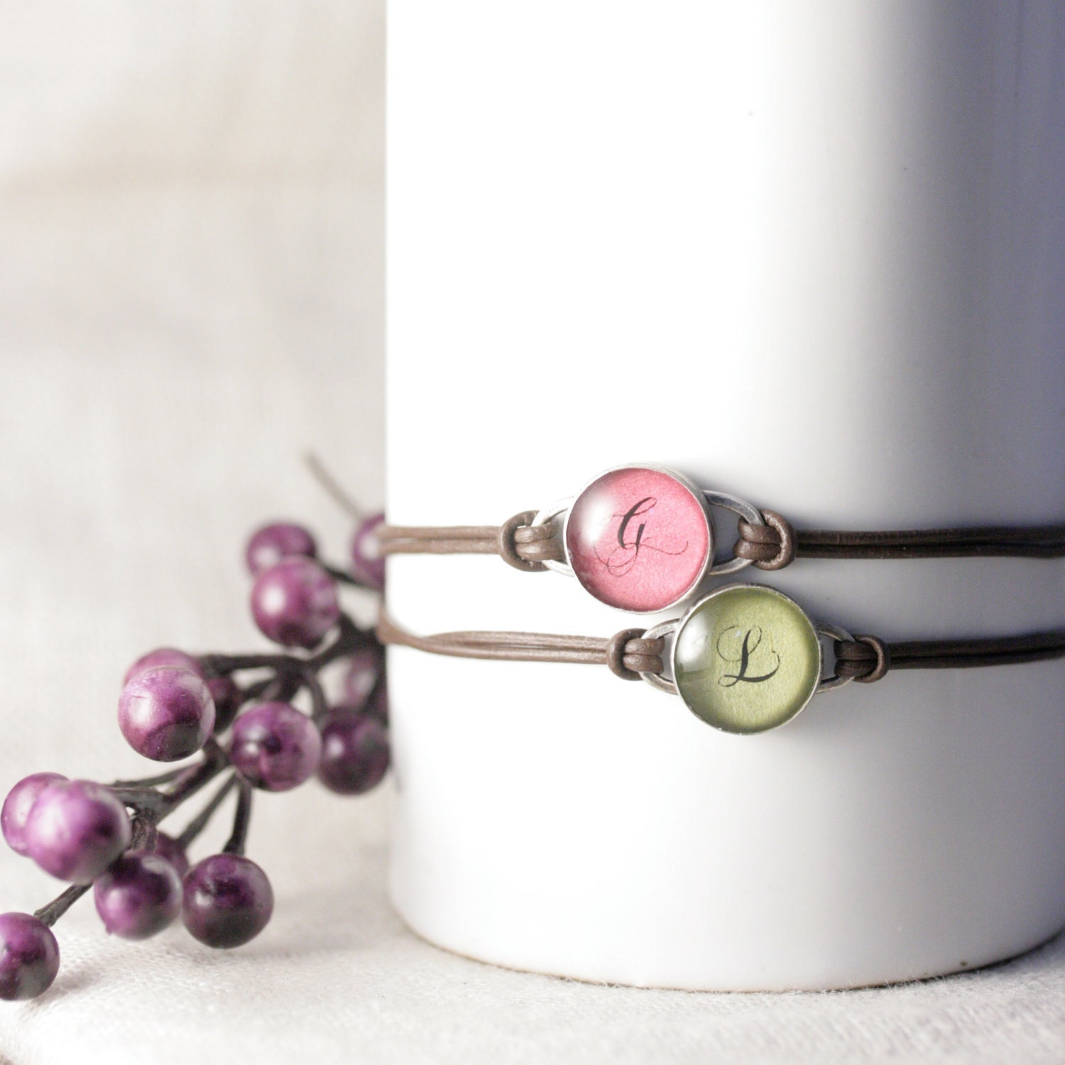 Mom Adjustable Leather Customizable Bracelet - 2 Monogram, Brown Leather