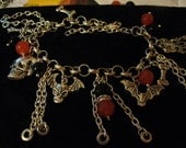 Goth Gothic Dungeon Charm Bracelet & Earring Set , Chains, Arm Cuffs,Orange Topaz, Skull Adjusts