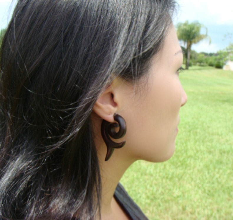 BROWN Fake Gauge Earrings Tribal Earrings - Waves of Life - Salvaged Wood Organic Bohemian wooden fakers