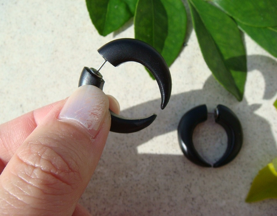Black Horns / Wooden Fake Gauged Earrings Tribal Earrings - Organic jewelry Steampunk Bohemian