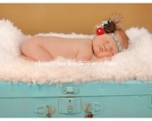 Crochet headband with zipper, fabric, ribbon, & feather puff  accessory