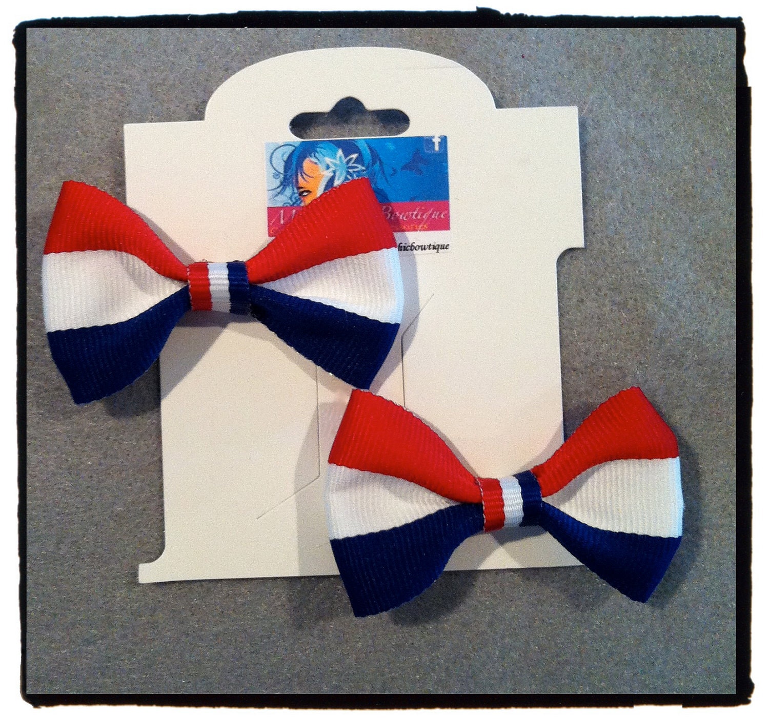 Pair of Red white blue striped Mini Bows clips