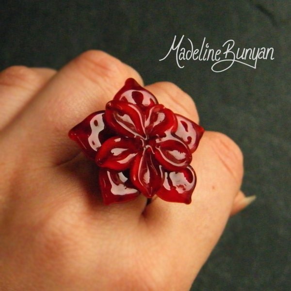 SALE 20% off - Rich Red Flower - Interchangeable Lampwork Ring Top